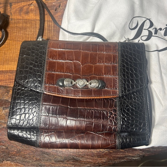 Brighton Leather Crossbody Bag Black and Brown with dust Bag snap closure - Picture 2 of 11